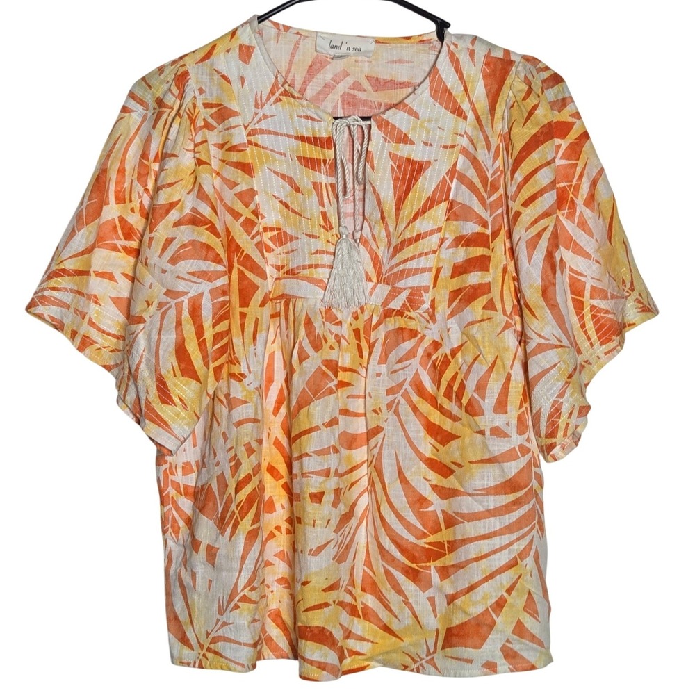 Land n Sea Orange Linen Blend Tropical Top Medium Boho Summer Coastal Resort